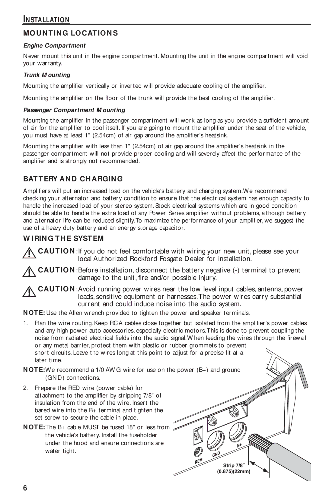 Rockford Fosgate T1000-4 manual Installation Mounting Locations, Battery and Charging, Wiring the System 