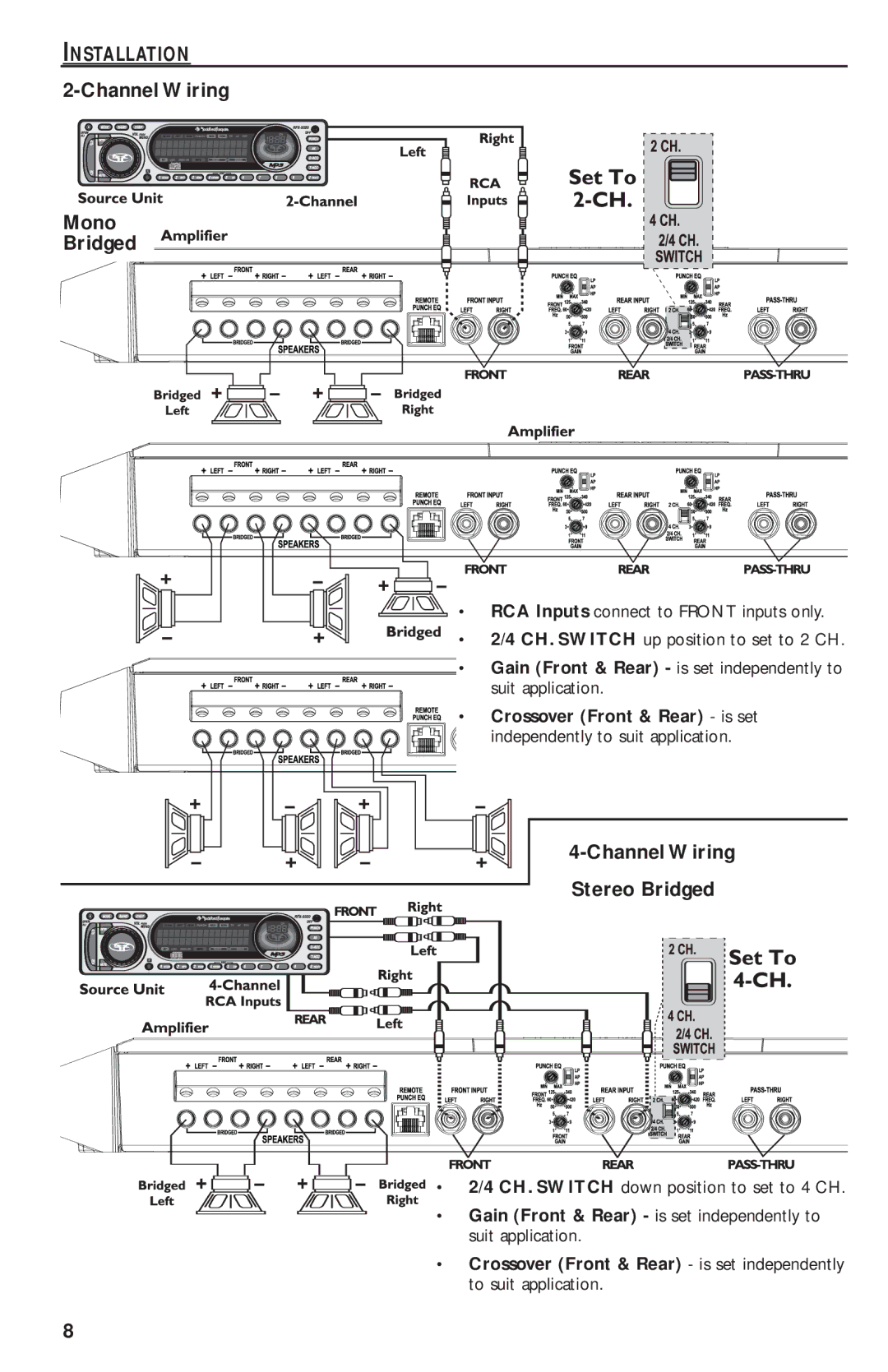 Rockford Fosgate T1000-4 manual Channel Wiring Mono Bridged, Channel Wiring Stereo Bridged, Crossov r Fr nt & Rear is set 