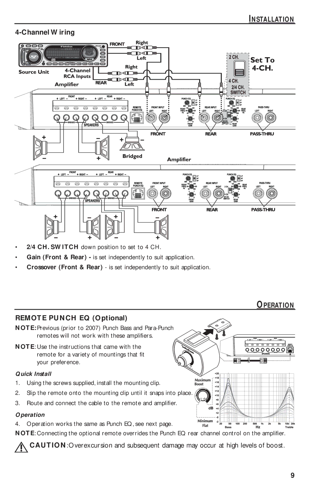 Rockford Fosgate T1000-4 manual Channel Wiring, Operation, Remote Punch EQ Optional, Quick Install 