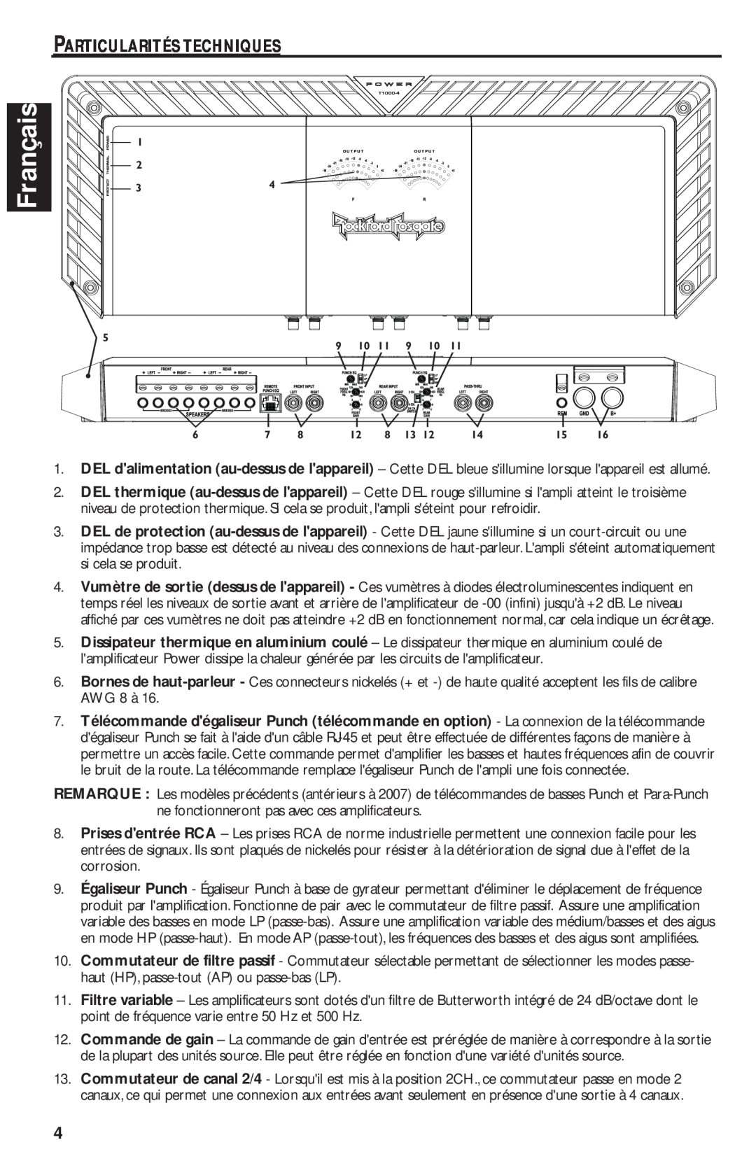 Rockford Fosgate T1000-4 manual Français, Particularités Techniques, Commande 