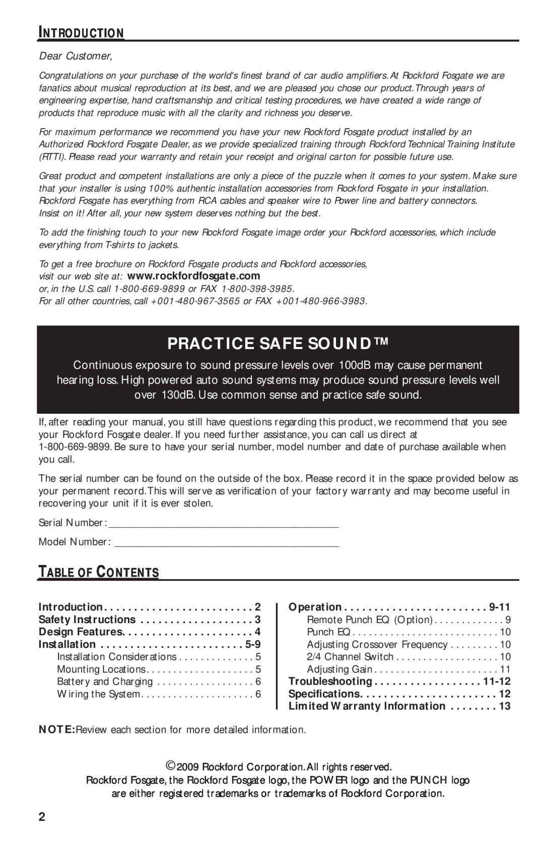 Rockford Fosgate T1000-4 manual Practice Safe Sound, Introduction, Dear Customer, Table Of Contents 