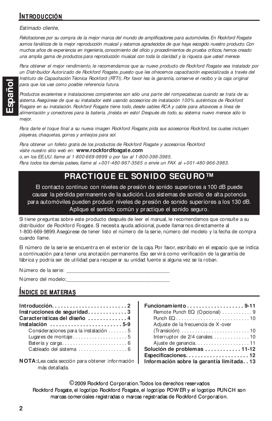 Rockford Fosgate T1000-4 manual Español, Practique El Sonido Seguro, Estimado cliente 