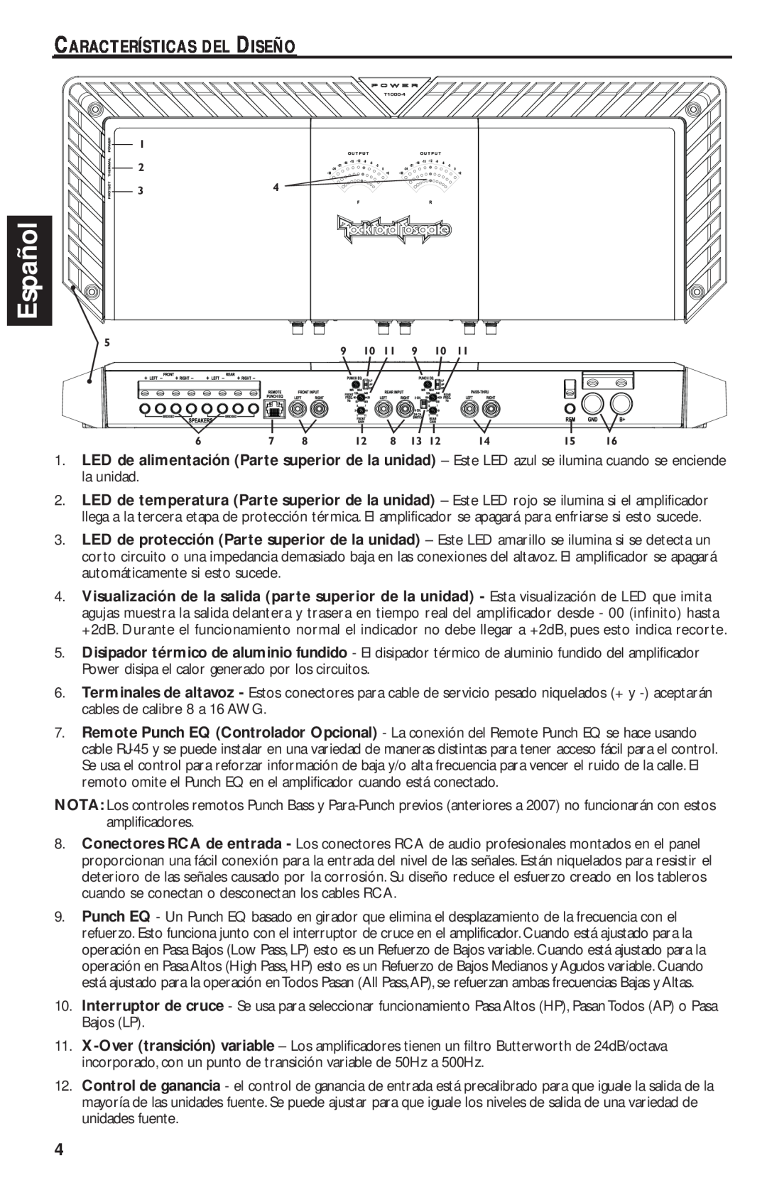 Rockford Fosgate T1000-4 Español, Características Del Diseño, LED de temperatura Par, LED de protección Parte superior 