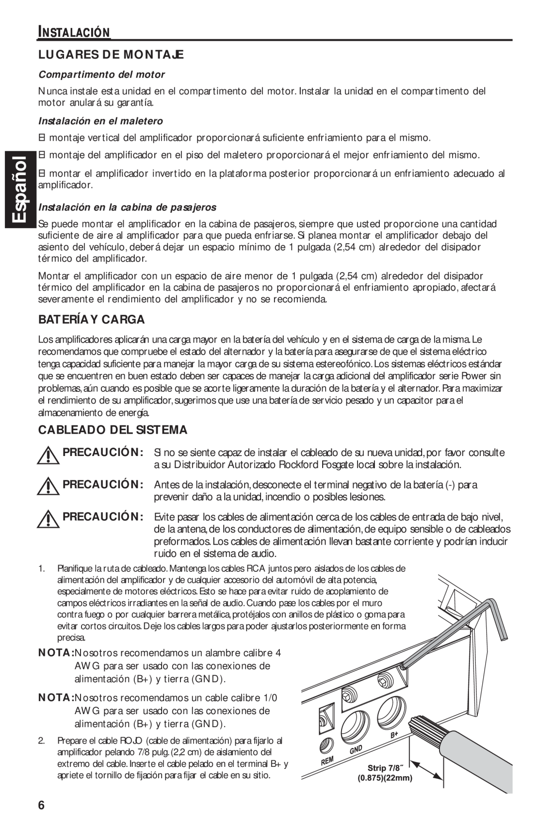 Rockford Fosgate T1000-4 manual Español, Instalación Lugares De Montaje, Bateríay Carga, Cableado Del Sistema 