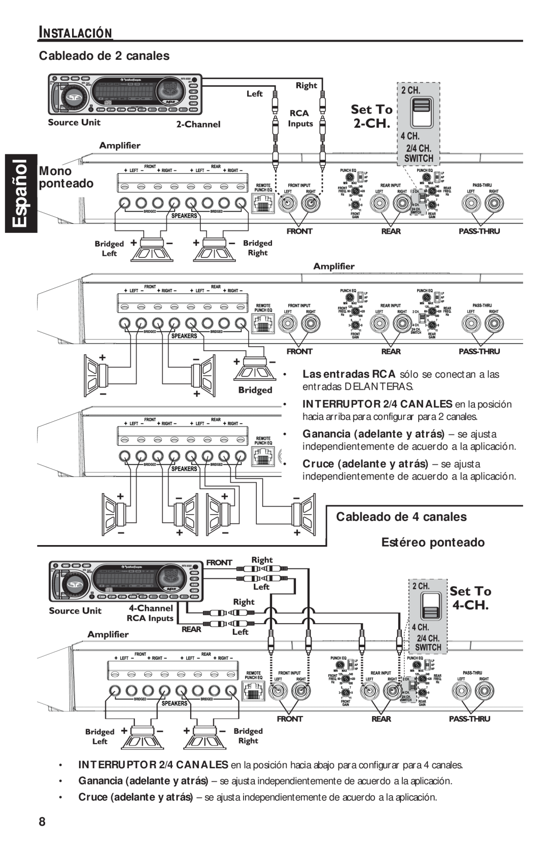 Rockford Fosgate T1000-4 Español, Instalación, Mono, Cableado de 4 canales Estéreo ponteado, Cableado de 2 canales 