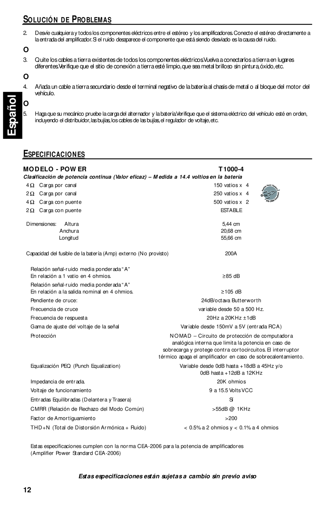 Rockford Fosgate T1000-4 manual Español, Solución De Problemas, Especificaciones, Modelo - Power 