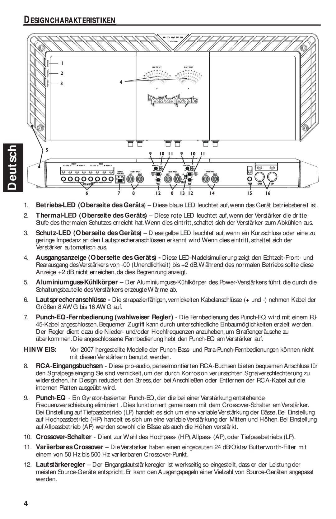 Rockford Fosgate T1000-4 manual Deutsch, Designcharakteristiken, Hinweis 