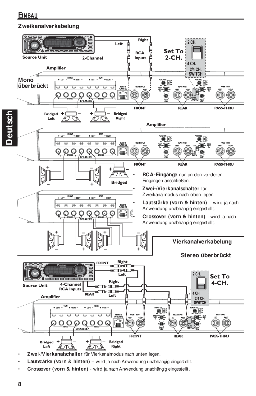 Rockford Fosgate T1000-4 manual Deutsch, Einbau, Mono, Vierkanalverkabelung, Stereo überbrückt, Zweikanalverkabelung 