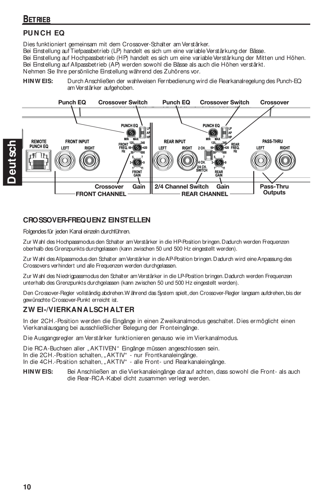 Rockford Fosgate T1000-4 manual Deutsch, Betrieb, Punch Eq, Crossover-Frequenzeinstellen, Zwei-/Vierkanalschalter 