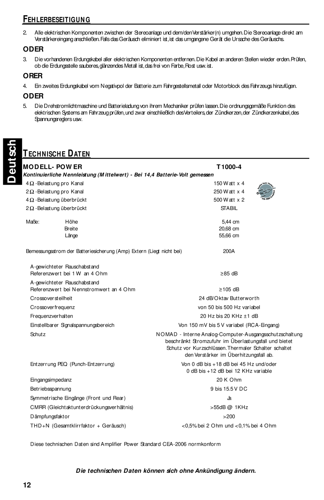 Rockford Fosgate T1000-4 manual Deutsch, Fehlerbeseitigung, Oder, Orer, Technische Daten, Modell- Power 