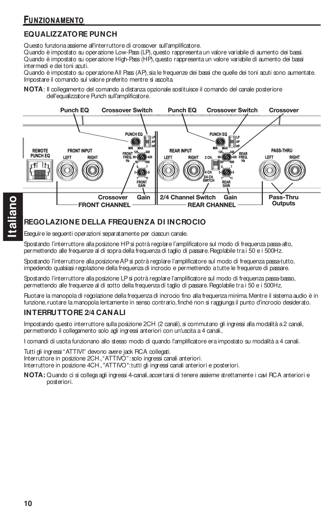 Rockford Fosgate T1000-4 manual Italiano, Funzionamento Equalizzatore Punch, Regolazione Della Frequenza Di Incrocio 