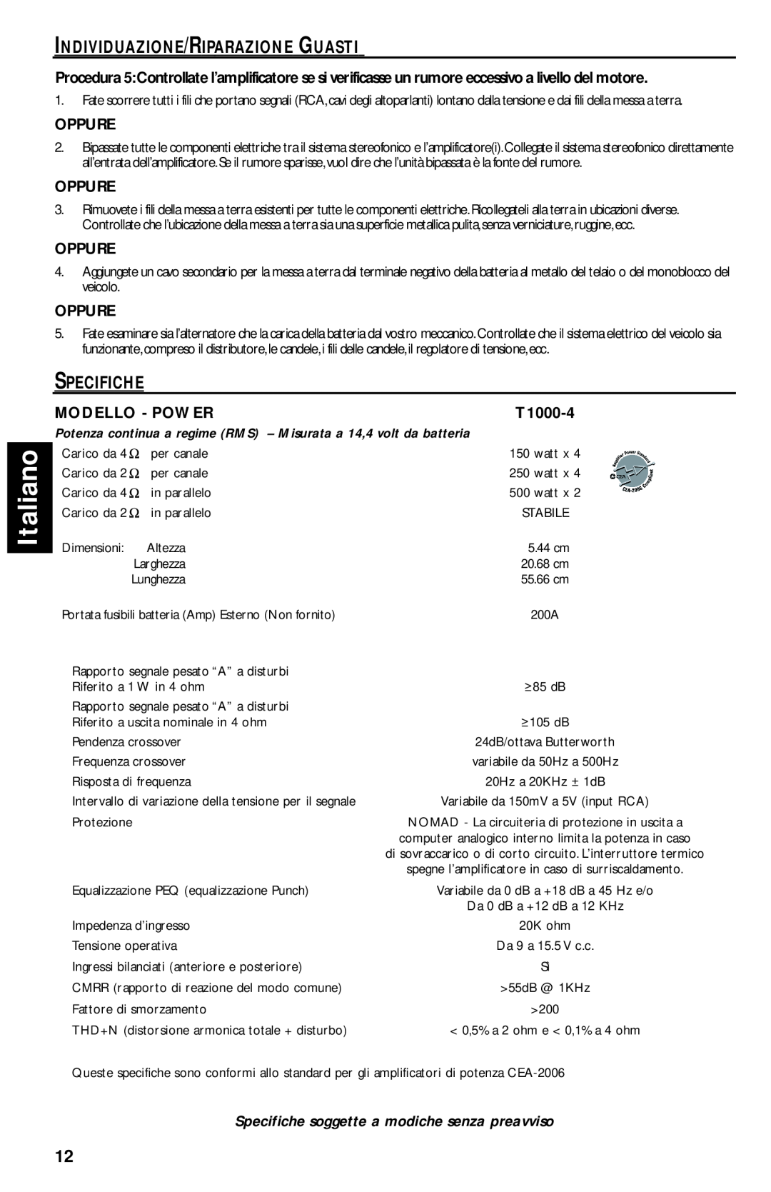 Rockford Fosgate T1000-4 manual Italiano, Individuazione/Riparazione Guasti, Specifiche, Oppure, Modello - Power 