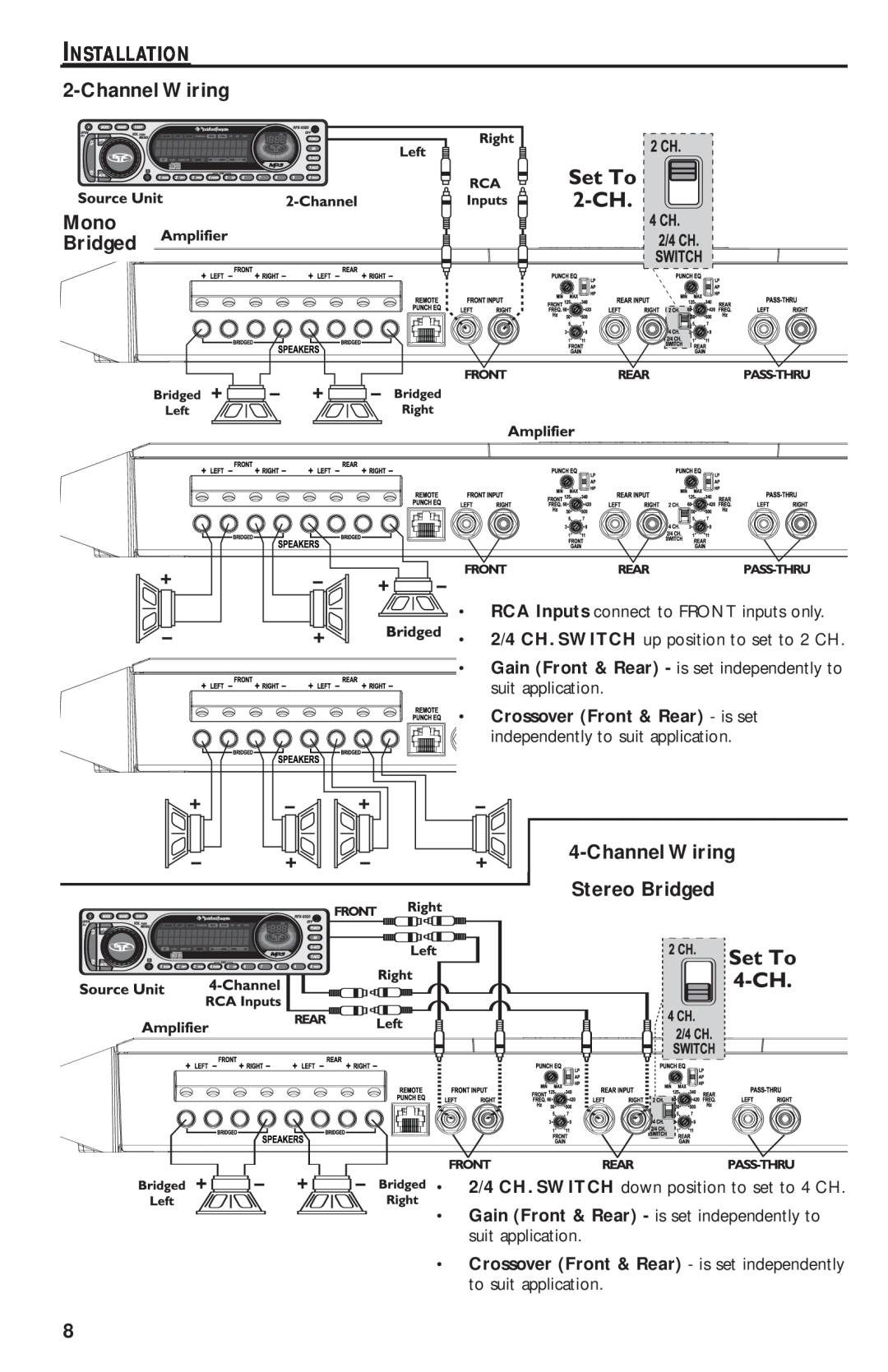 Rockford Fosgate T1000-4 manual INSTALLATION 2-ChannelWiring, Mono, ChannelWiring Stereo Bridged 