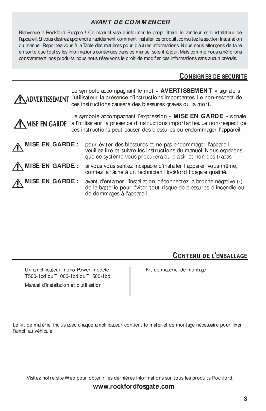 Rockford Fosgate T1500-1bd manual Consignes DE Sécurité, Mise EN Garde, Contenu DE Lemballage, Kit de matériel de montage 