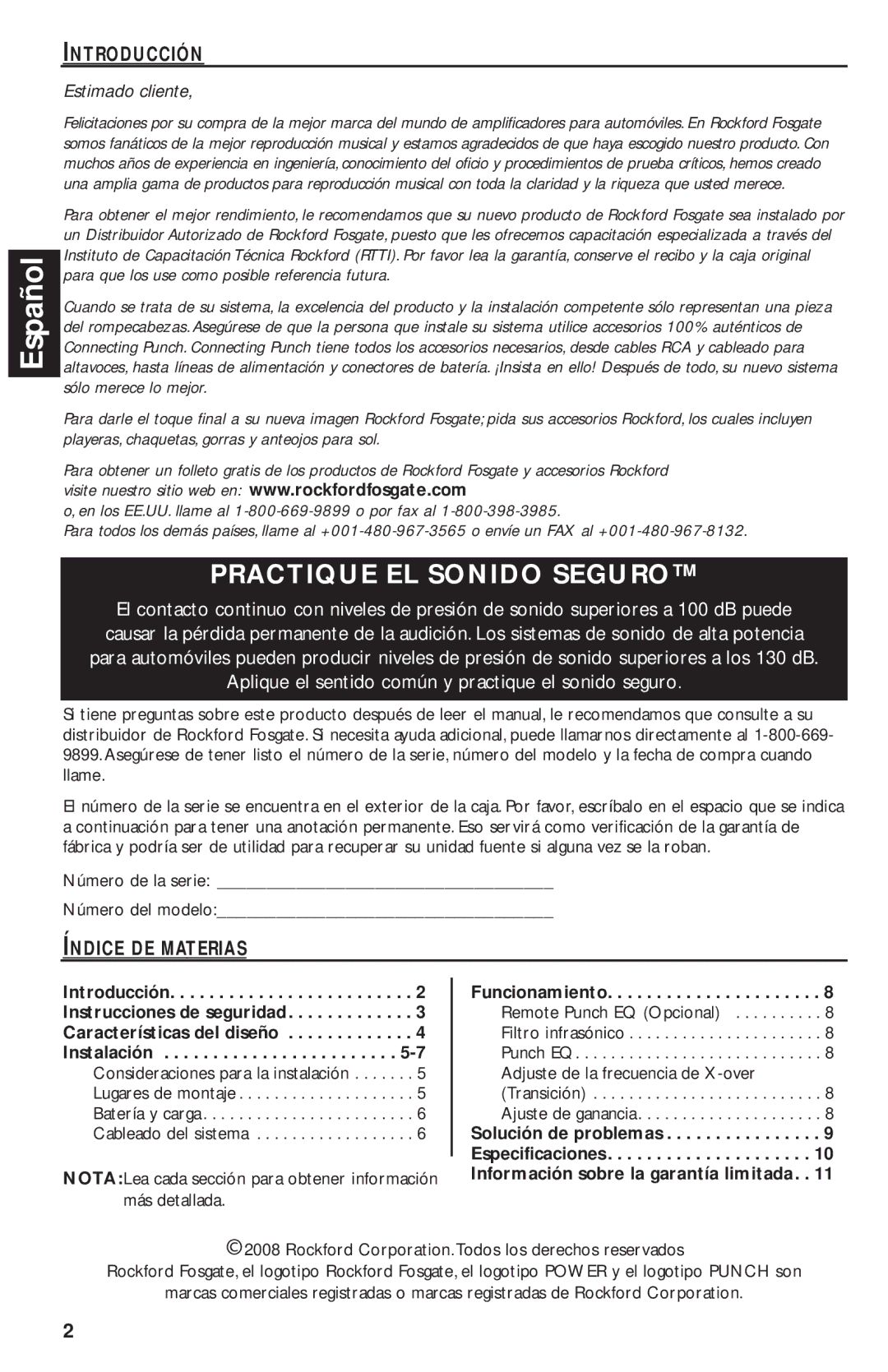 Rockford Fosgate T1500-1bd manual Introducción, Índice DE Materias, Número de la serie Número del modelo 