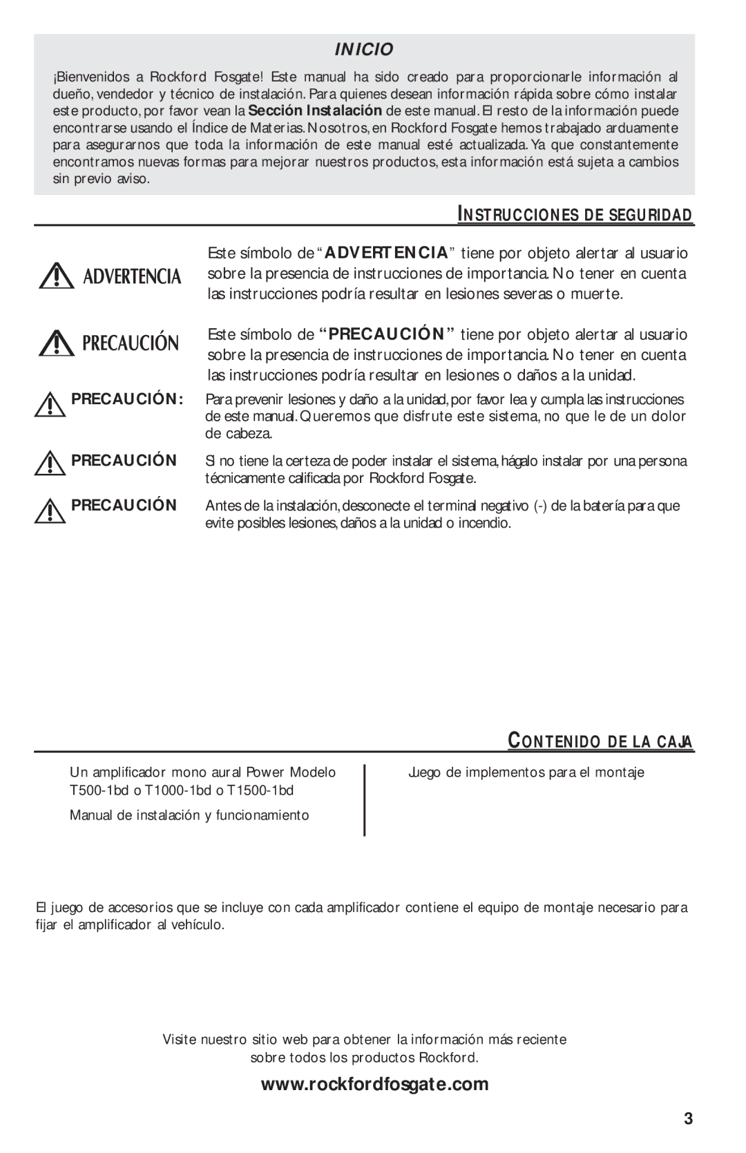 Rockford Fosgate T1500-1bd manual Instrucciones DE Seguridad, Precaución, Contenido DE LA Caja 