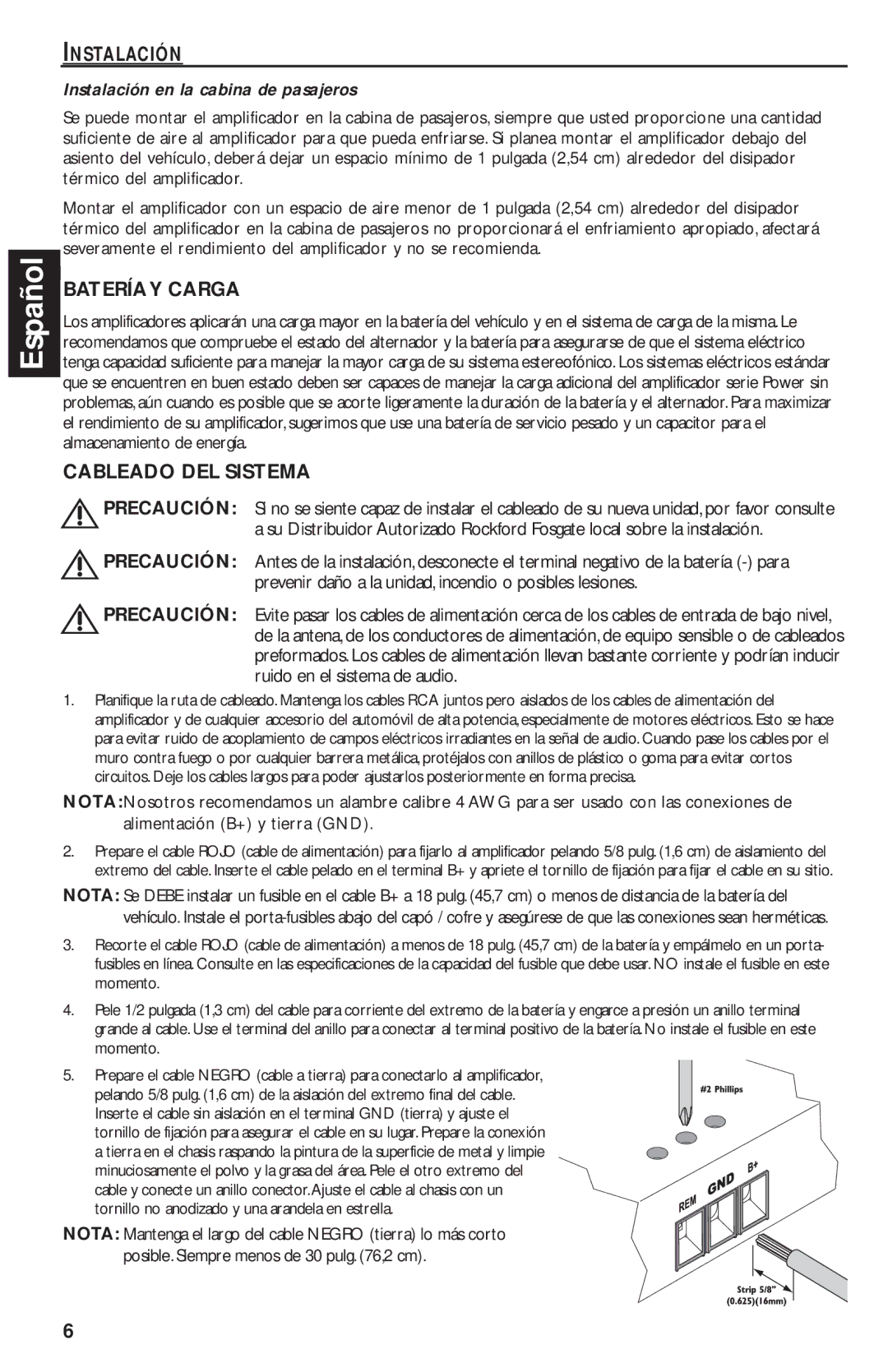 Rockford Fosgate T1500-1bd manual Bateríay Carga, Cableado DEL Sistema, Instalación en la cabina de pasajeros 