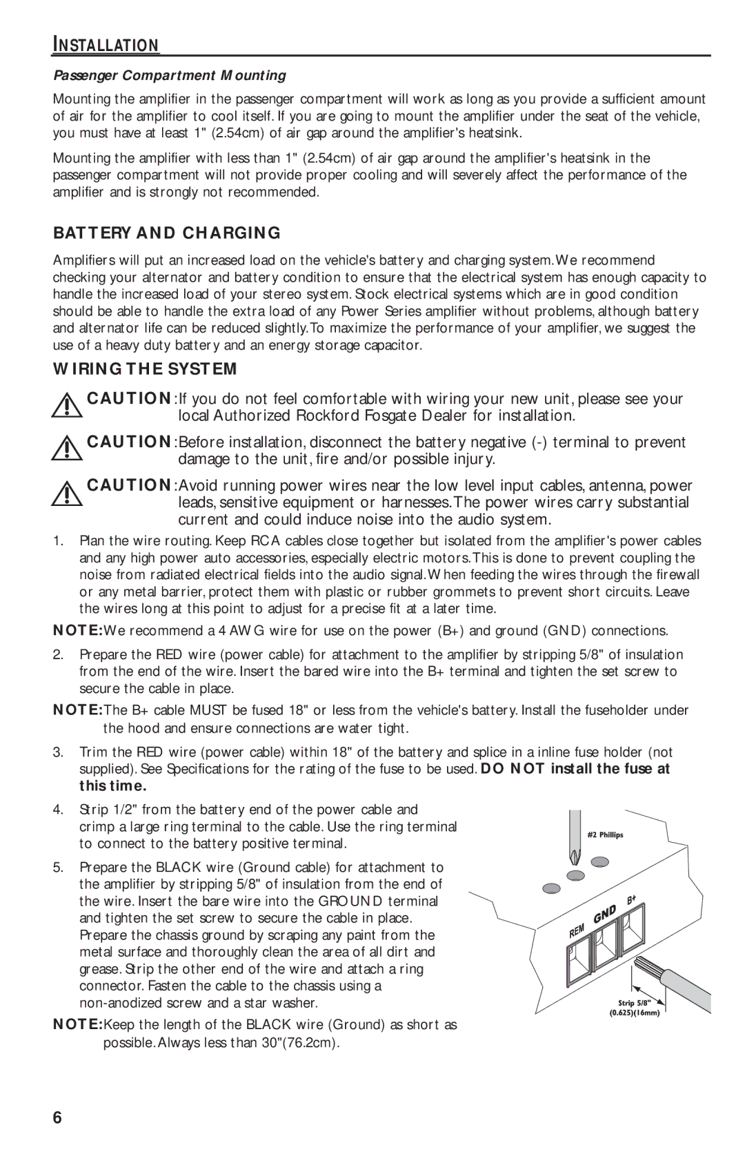 Rockford Fosgate T1500-1bd Battery and Charging, Wiring the System, Current and could induce noise into the audio system 