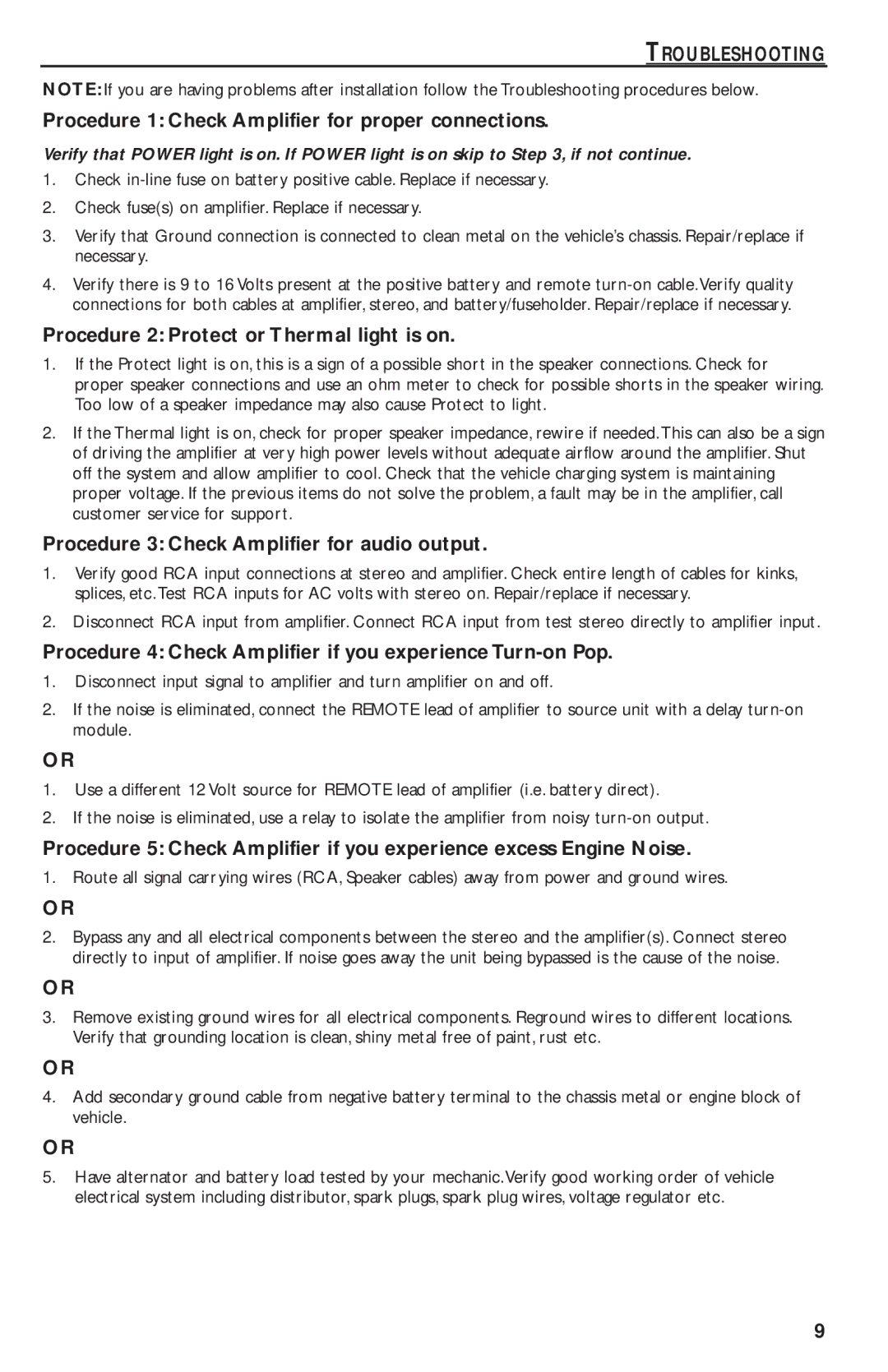 Rockford Fosgate T1500-1bd manual Troubleshooting, Procedure 1 Check Amplifier for proper connections 