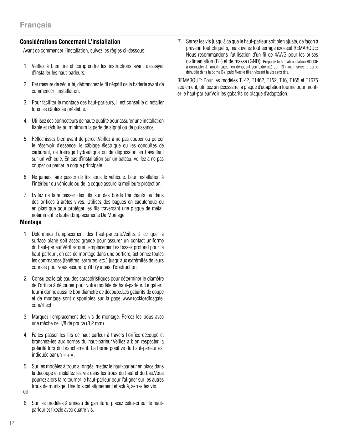 Rockford Fosgate T1693 manual Français, Considérations Concernant L’installation, Montage 