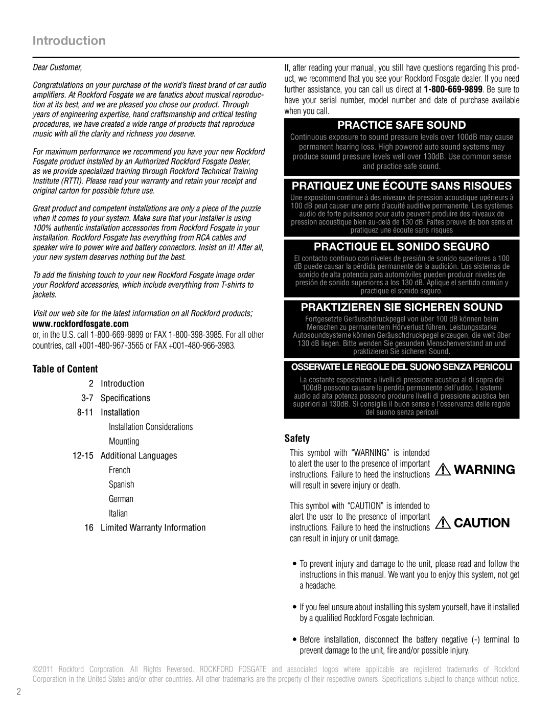 Rockford Fosgate T1693 manual Introduction, Table of Content, Safety 