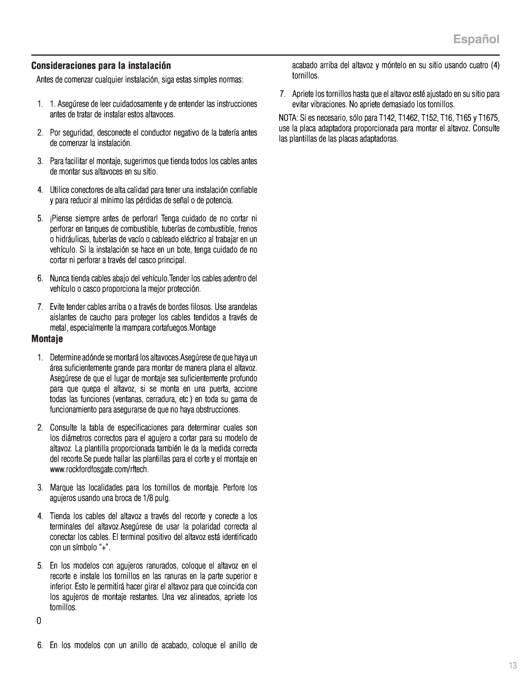 Rockford Fosgate T1693 manual Español, Consideraciones para la instalación, Montaje 