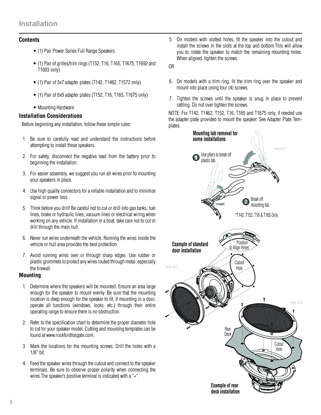 Rockford Fosgate T1693 manual Contents, Installation Considerations, Mounting 