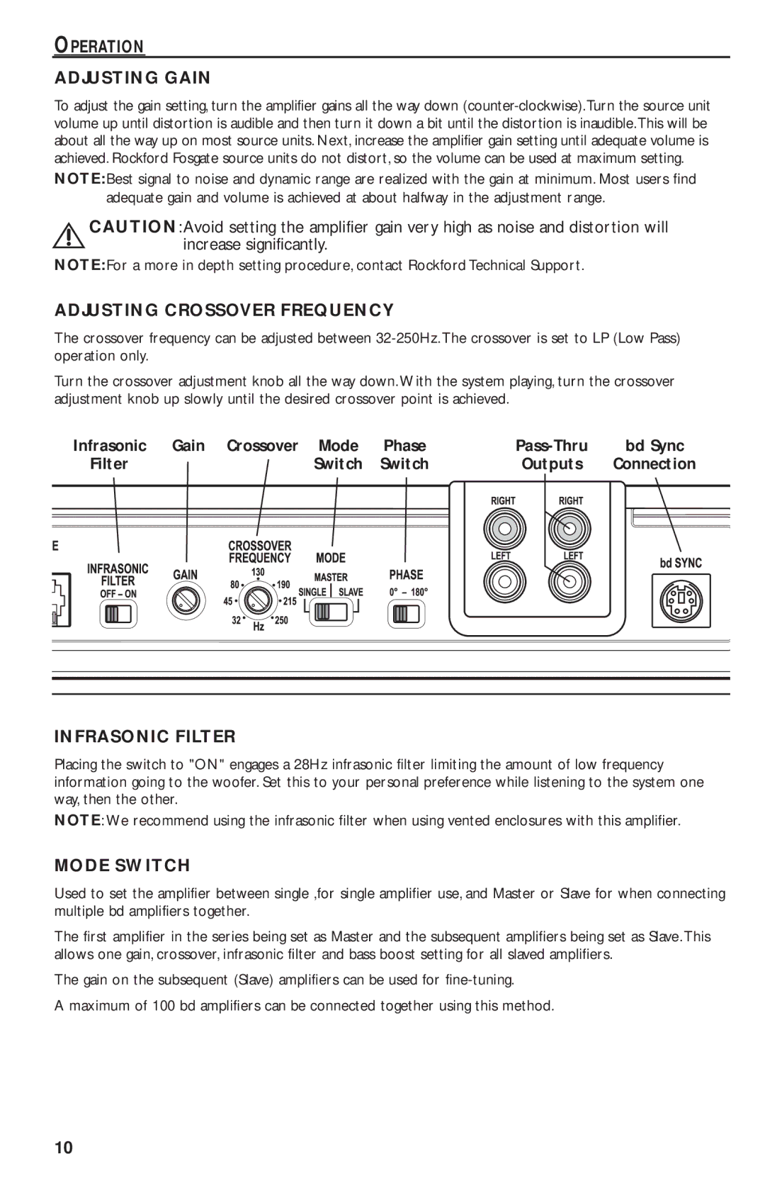 Rockford Fosgate T30001 BD manual Operation Adjusting Gain, Adjusting Crossover Frequency, Infrasonic Filter, Mode Switch 