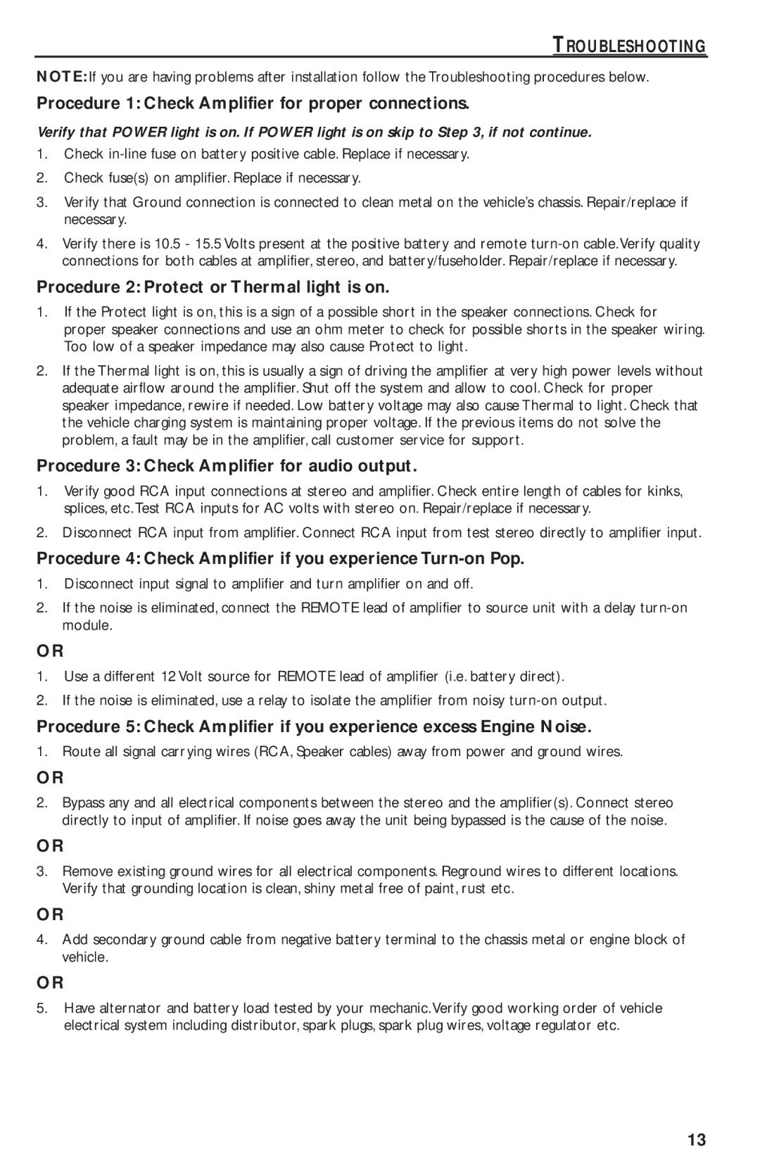 Rockford Fosgate T30001 BD, T20001 BD, T10001 BD manual Troubleshooting, Procedure 1 Check Amplifier for proper connections 