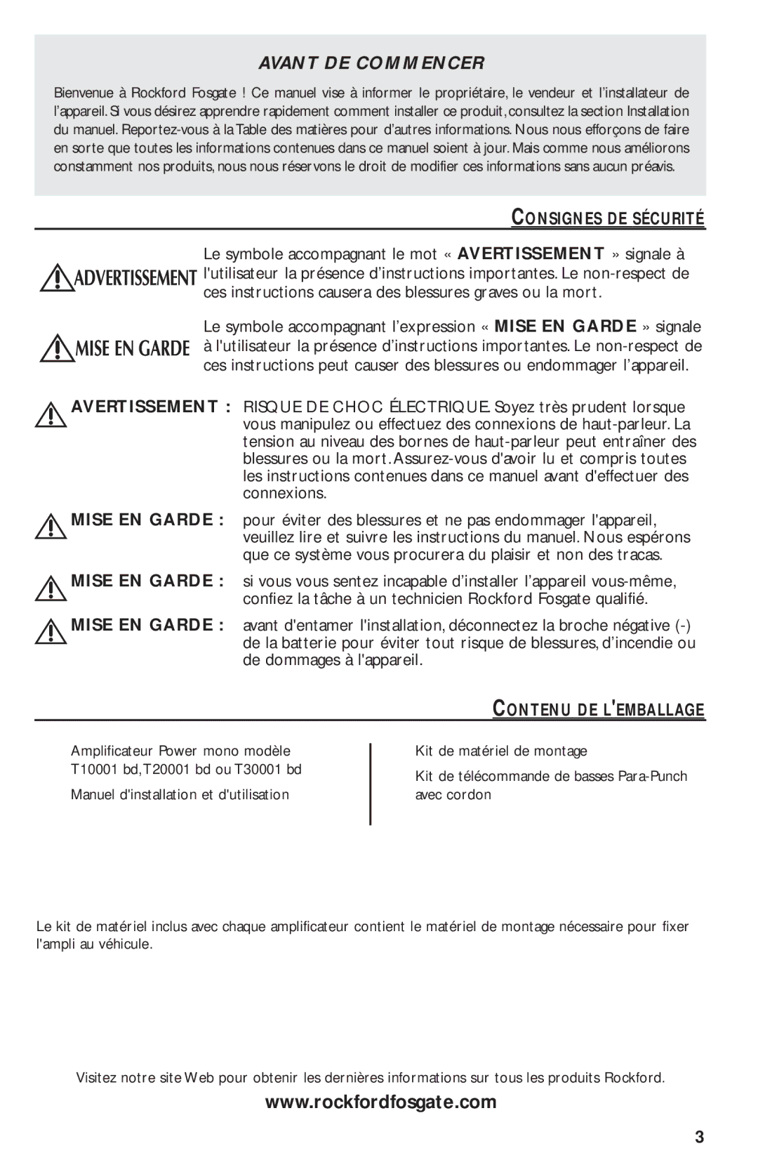 Rockford Fosgate T10001 BD, T20001 BD, T30001 BD manual Consignes DE Sécurité, Avertissement Mise EN Garde 