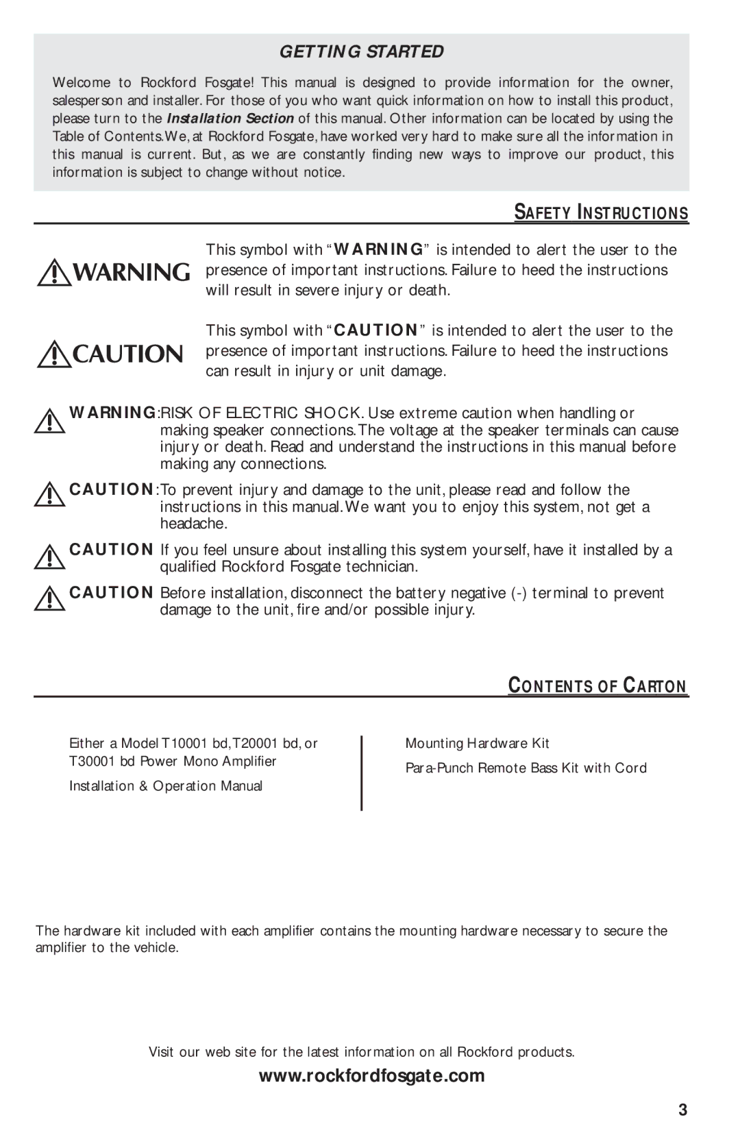 Rockford Fosgate T20001 BD, T30001 BD, T10001 BD manual Safety Instructions, Contents of Carton 