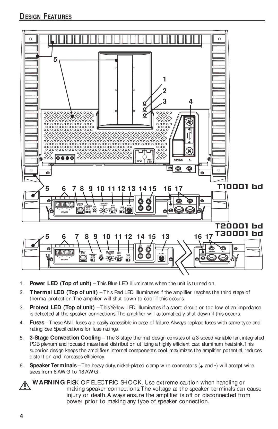 Rockford Fosgate T30001 BD Design Features, Prot, Rating. See Specifications for fuse ratings, Sizes from 8 AWG to 18 AWG 