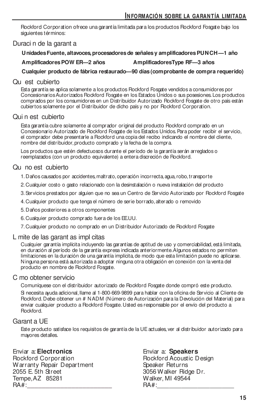 Rockford Fosgate T30001 BD manual Información Sobre LA Garantía Limitada, Rockford SpeakersAcoustic Design Speaker Returns 