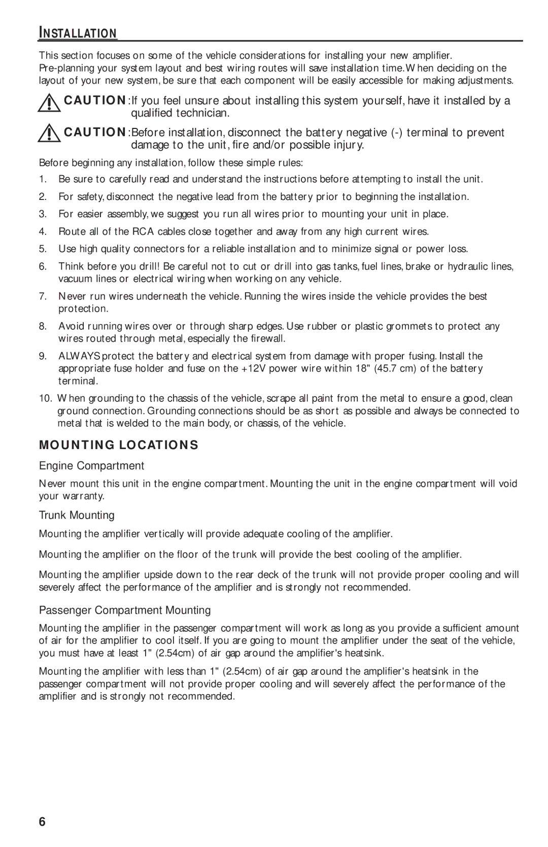 Rockford Fosgate T20001 BD manual Mounting Locations, Engine Compartment, Trunk Mounting, Passenger Compartment Mounting 