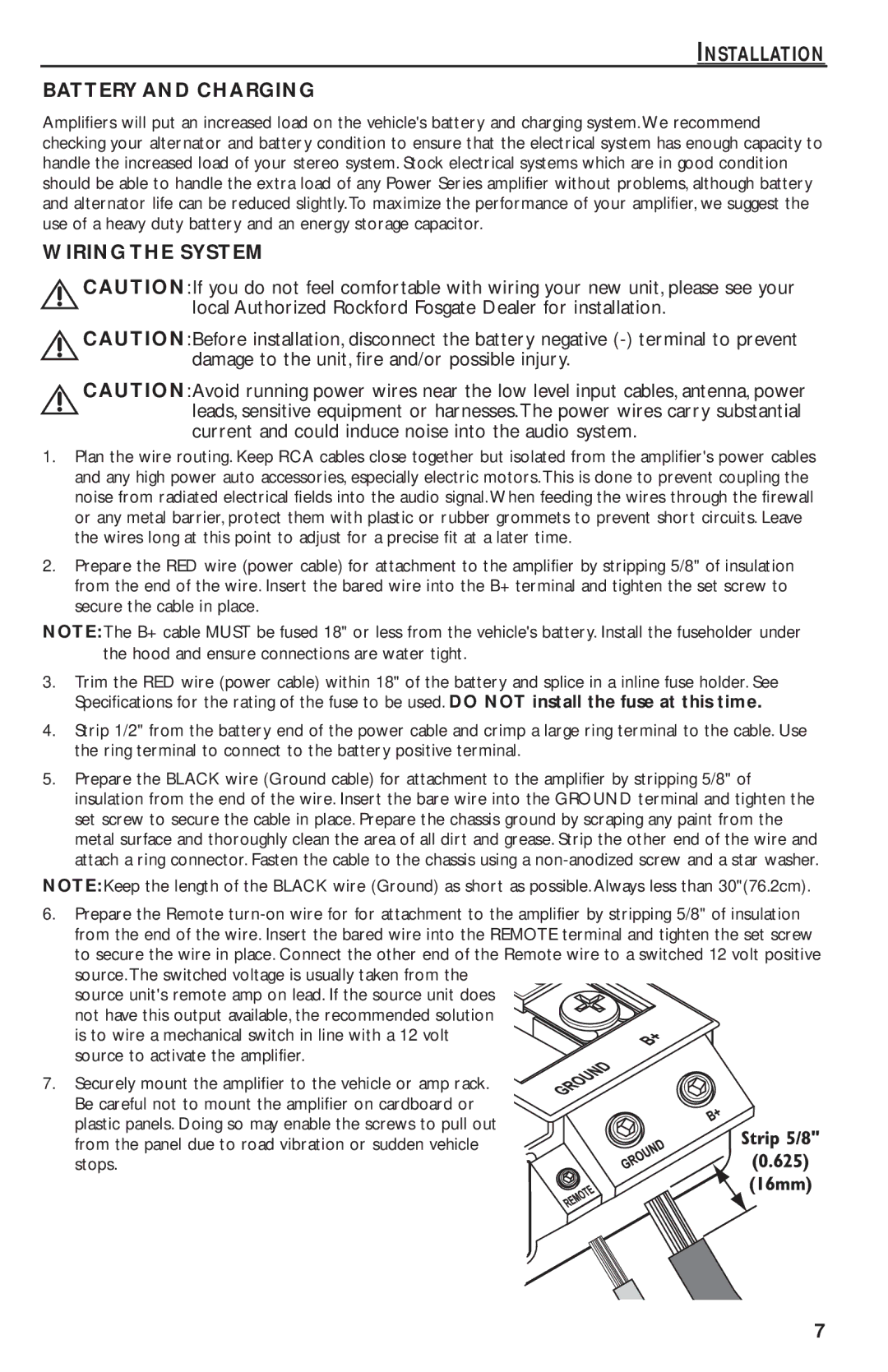 Rockford Fosgate T30001 BD Installation Battery and Charging, Wiring the System, Source to activate the amplifier, Stops 