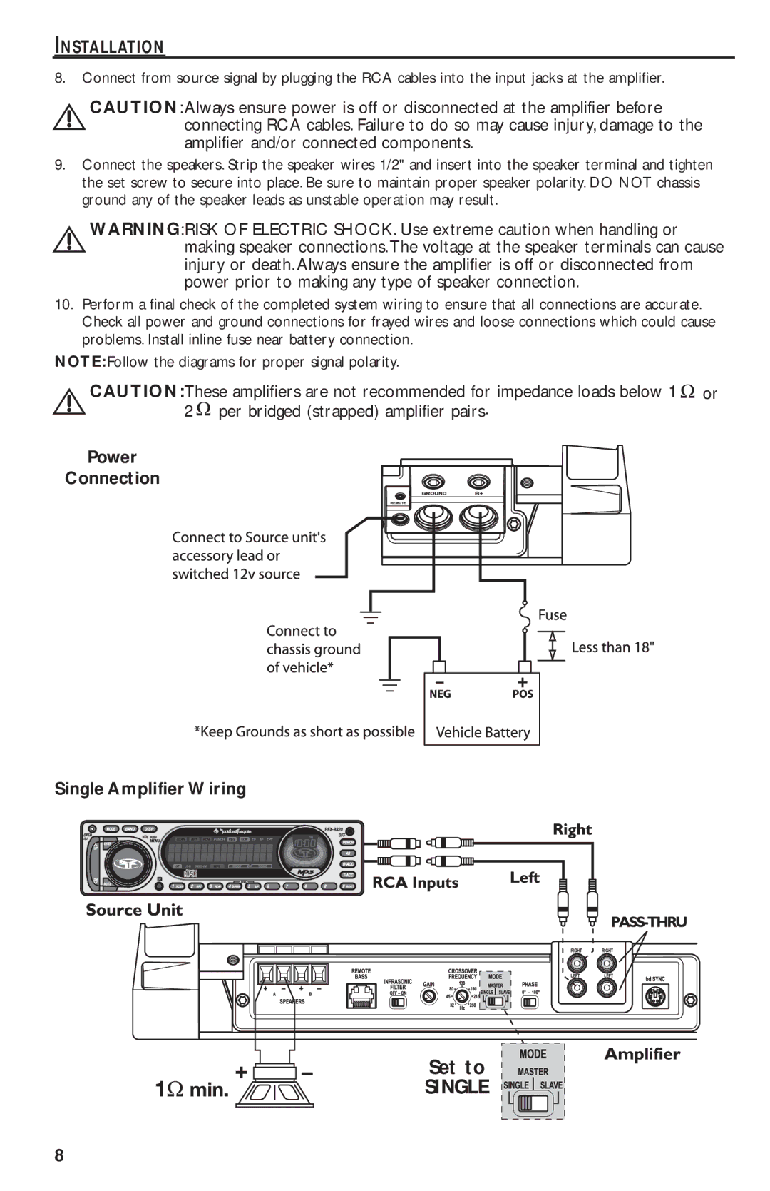 Rockford Fosgate T10001 BD, T20001 BD, T30001 BD manual Power Connection Single Amplifier Wiring 