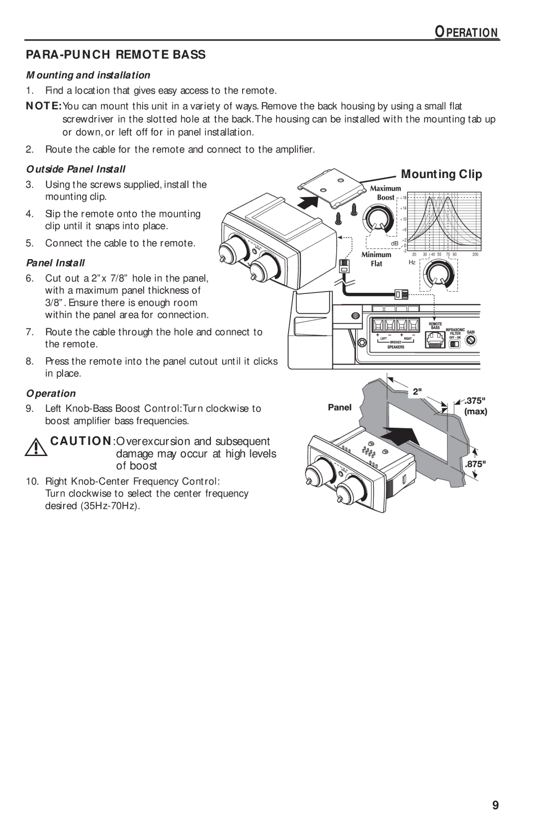 Rockford Fosgate T20001 BD, T30001 BD, T10001 BD manual Operation PARA-PUNCH Remote Bass, Boost, Mounting Clip 