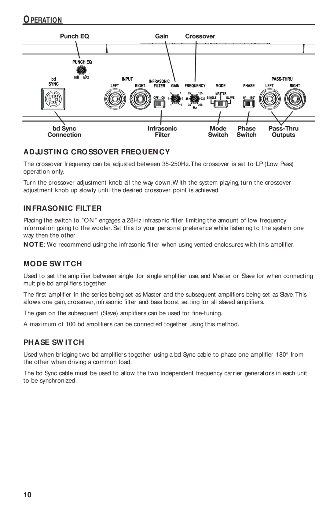 Rockford Fosgate T2500-1bd manual Operation Adjusting Crossover Frequency, Infrasonic Filter, Mode Switch, Phase Switch 