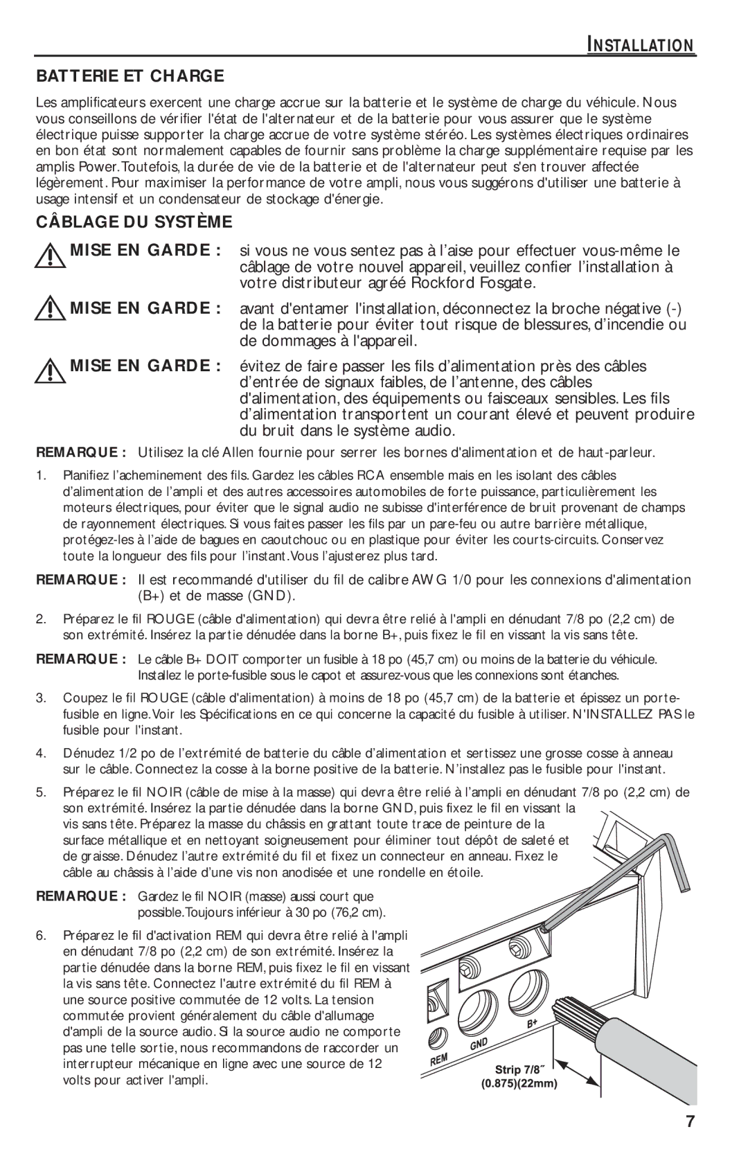 Rockford Fosgate T2500-1bd manual Installation Batterie ET Charge, Votre distributeur agréé Rockford Fosgate 