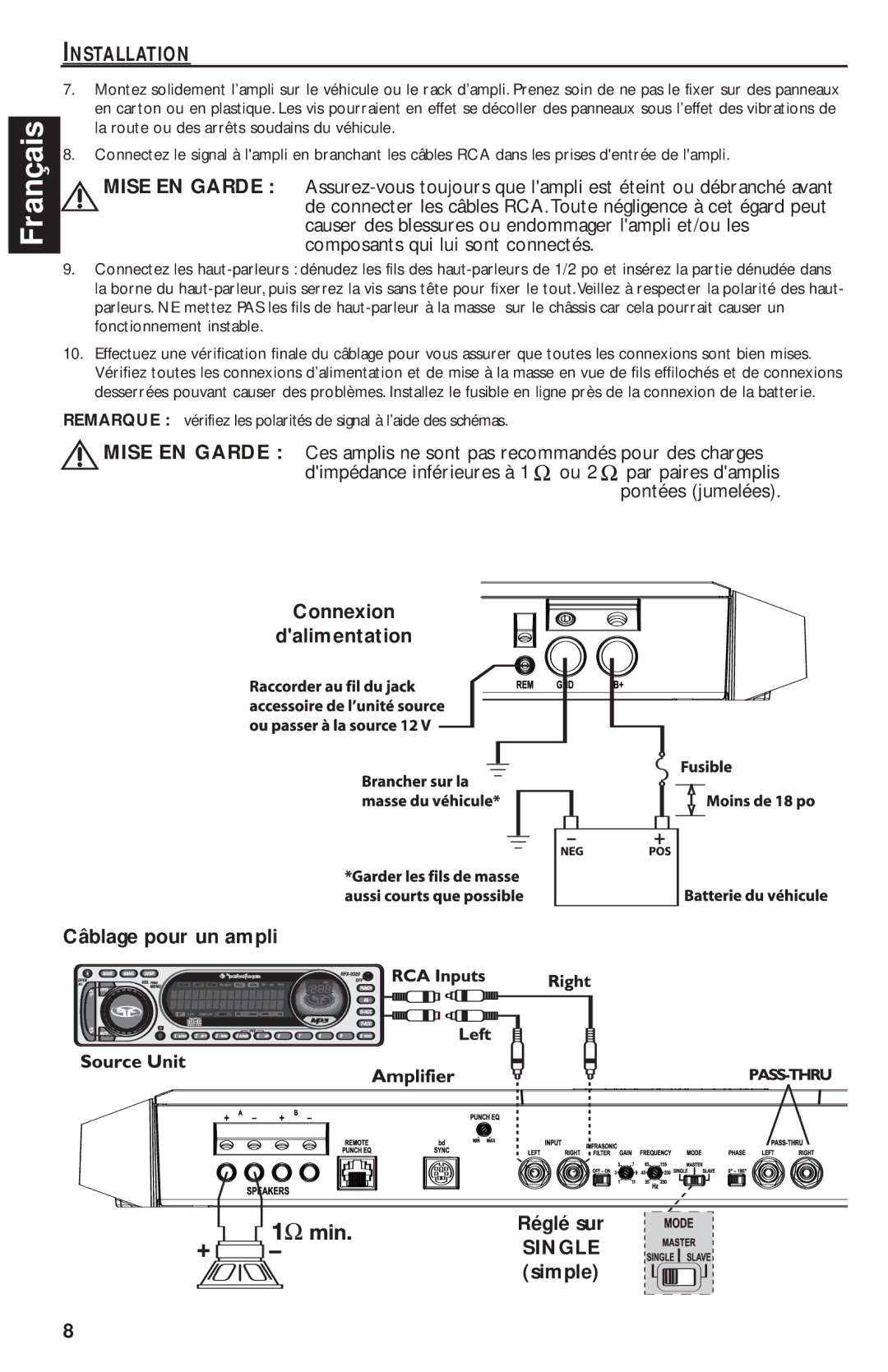 Rockford Fosgate T2500-1bd manual Causer des blessures ou endommager lampli et/ou les, Composants qui lui sont connectés 