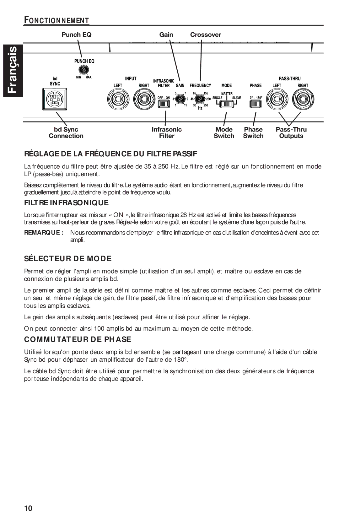 Rockford Fosgate T2500-1bd manual Réglage DE LA Fréquence DU Filtre Passif, Filtre Infrasonique, Sélecteur DE Mode 