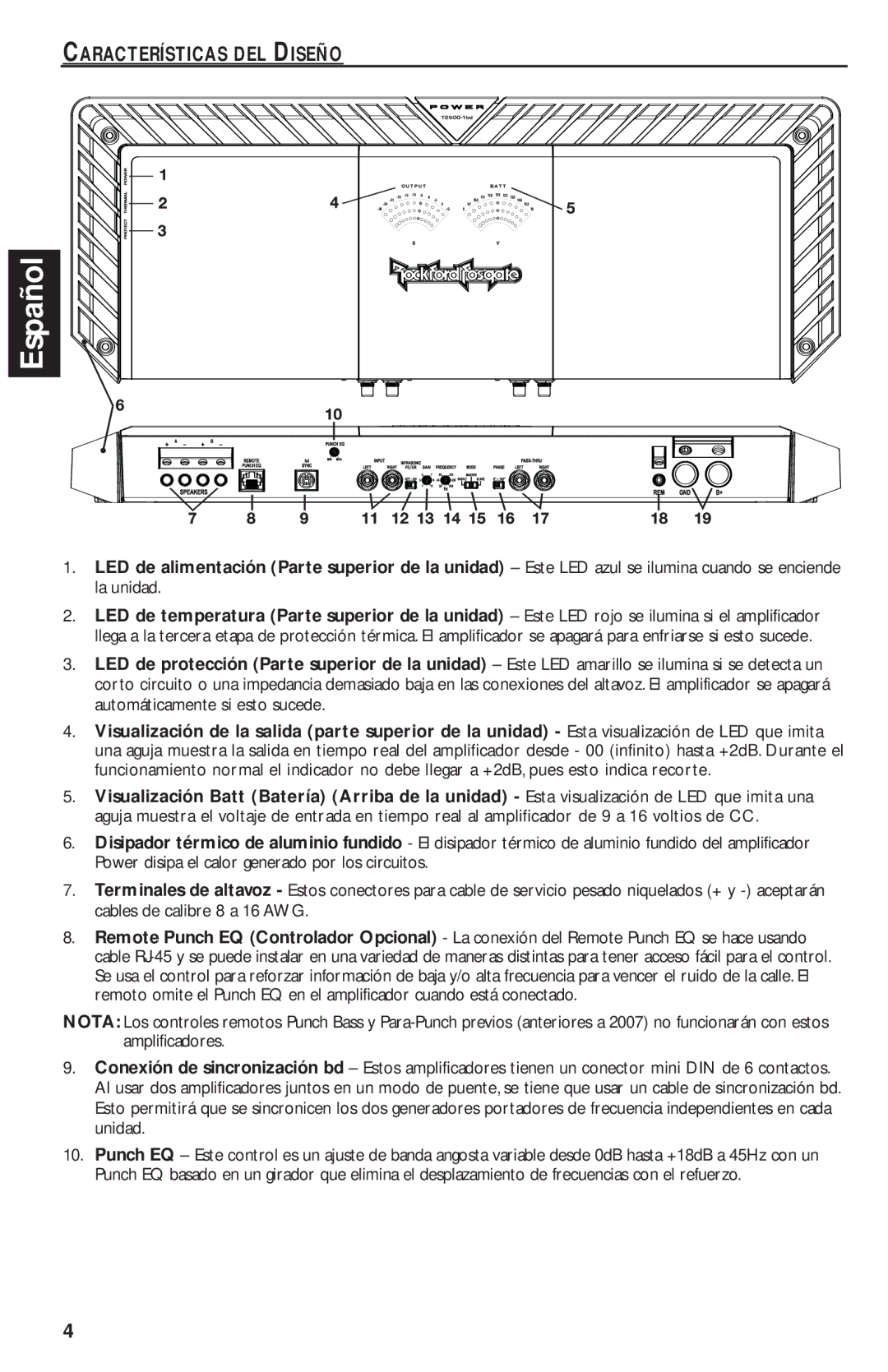 Rockford Fosgate T2500-1bd manual Características DEL Diseño, LED de protección Parte superior, Visualización de la 