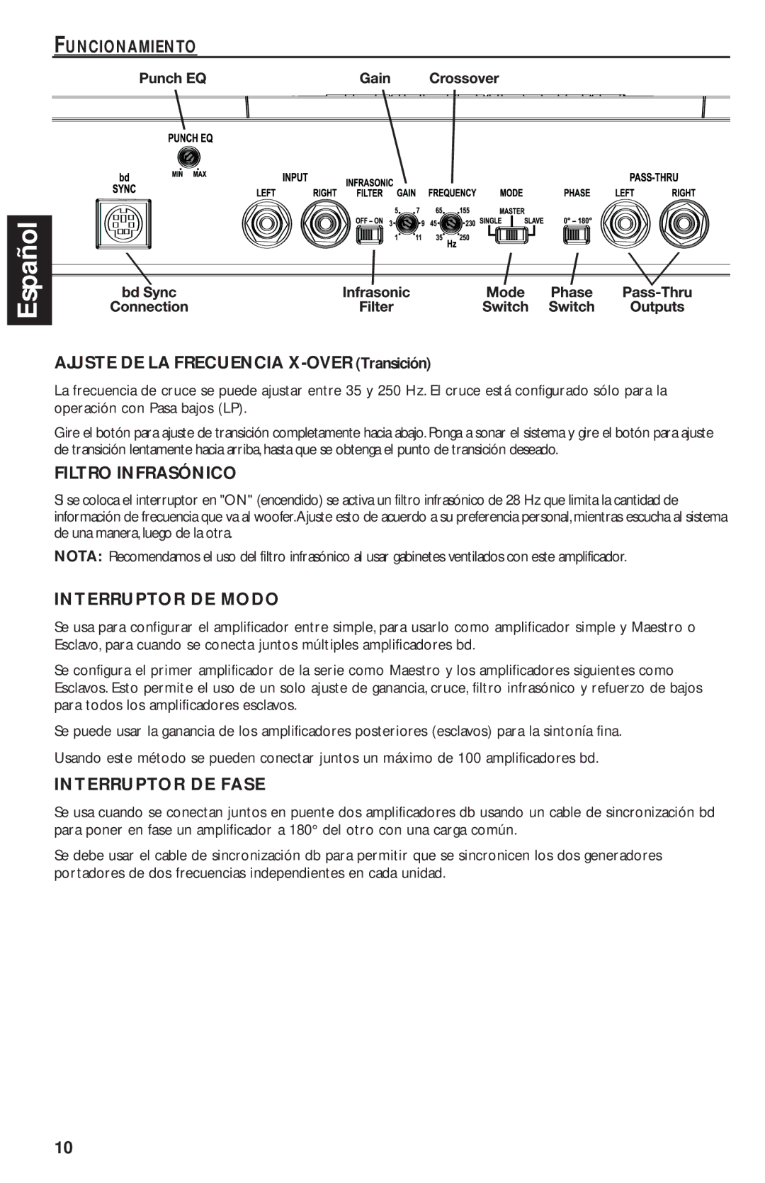 Rockford Fosgate T2500-1bd manual Ajuste DE LA Frecuencia X-OVER Transición, Filtro Infrasónico, Interruptor DE Modo 