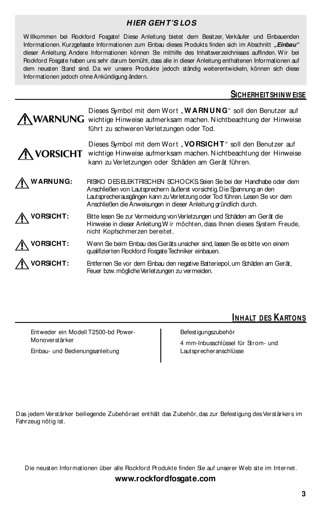 Rockford Fosgate T2500-1bd manual Sicherheitshinweise, Dieses Symbol mit dem Wort „WARNUNG soll den Benutzer auf 