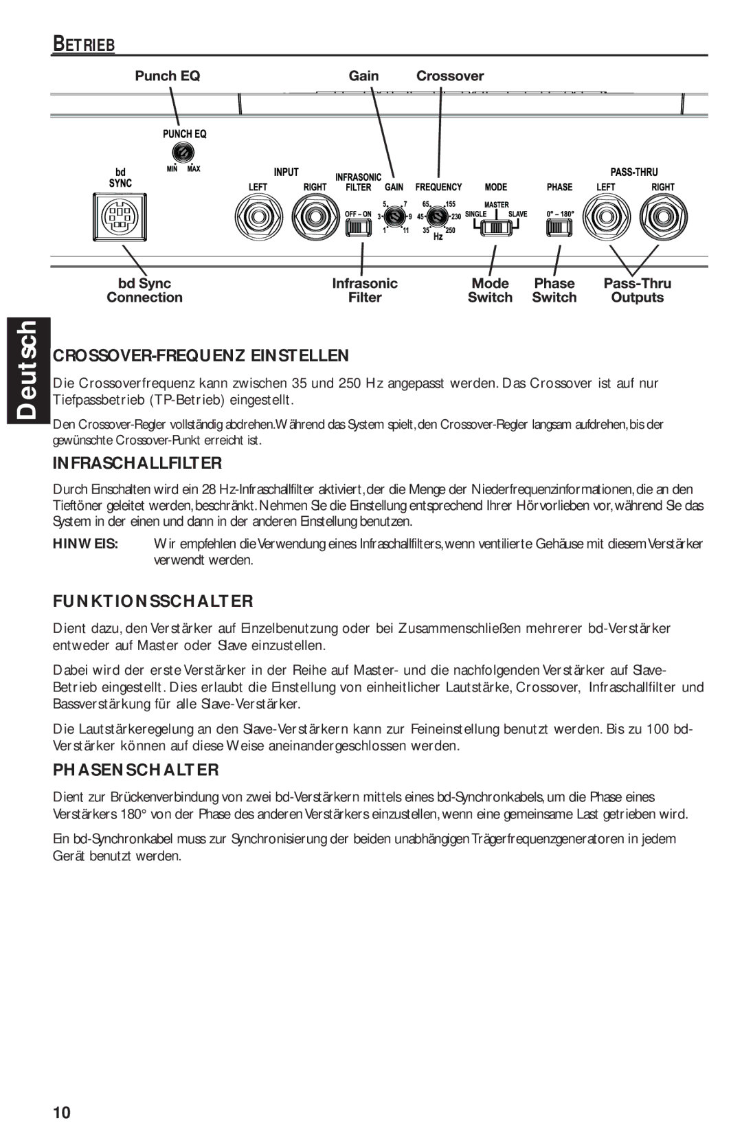 Rockford Fosgate T2500-1bd Betrieb CROSSOVER-FREQUENZ Einstellen, Infraschallfilter, Funktionsschalter, Phasenschalter 