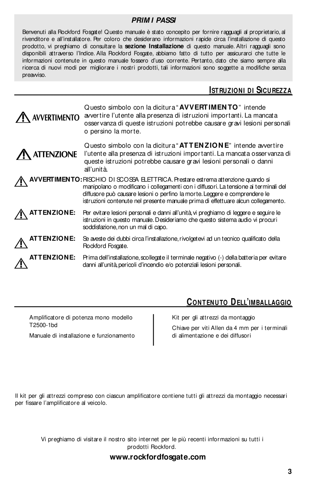 Rockford Fosgate T2500-1bd manual Istruzioni DI Sicurezza, Contenuto DELL’IMBALLAGGIO 