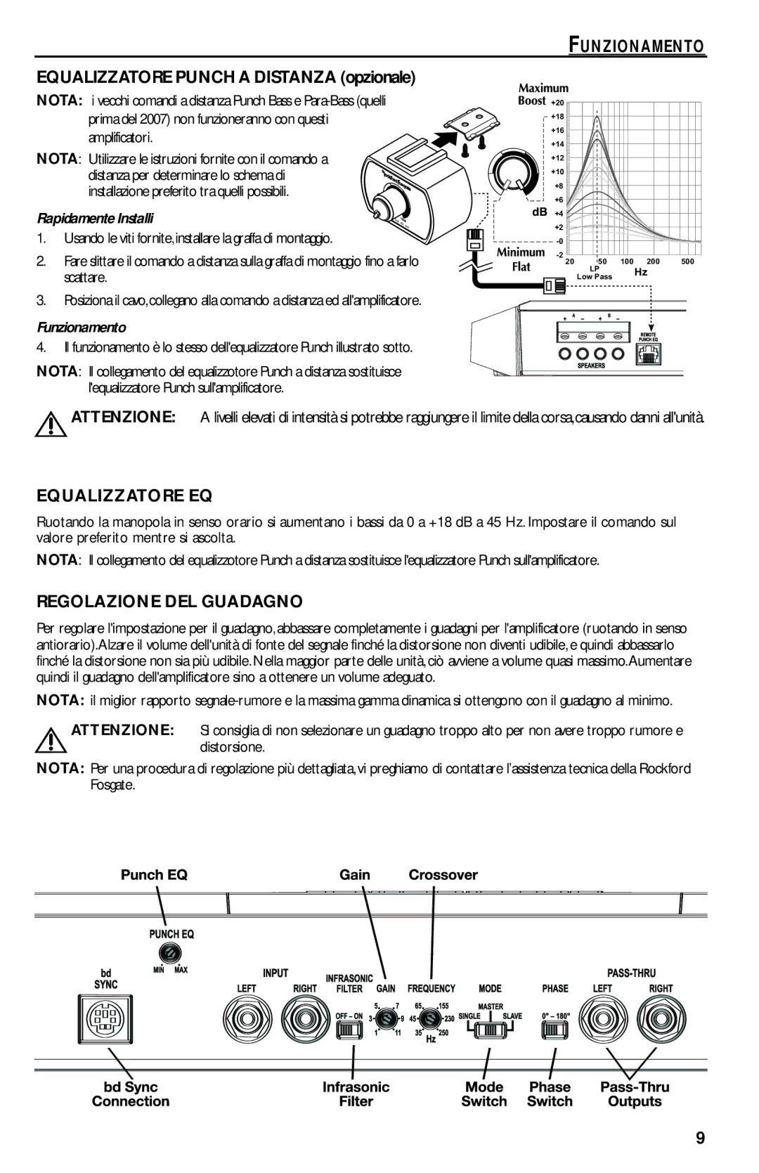 Rockford Fosgate T2500-1bd manual Funzionamento, Equalizzatore EQ, Regolazione DEL Guadagno, Nota, Rapidamente Installi 