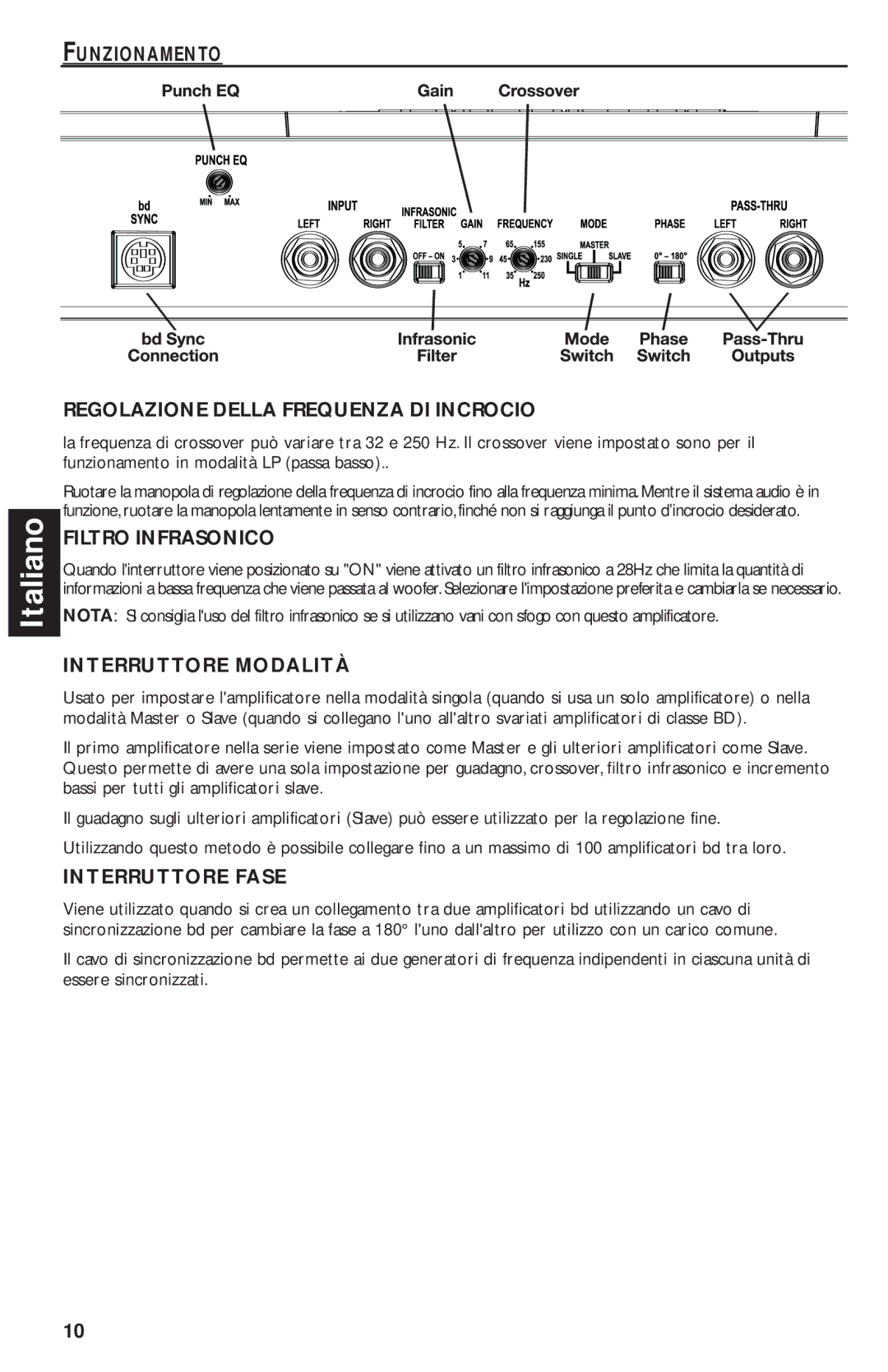 Rockford Fosgate T2500-1bd manual Regolazione Della Frequenza DI Incrocio, Filtro Infrasonico, Interruttore Modalità 