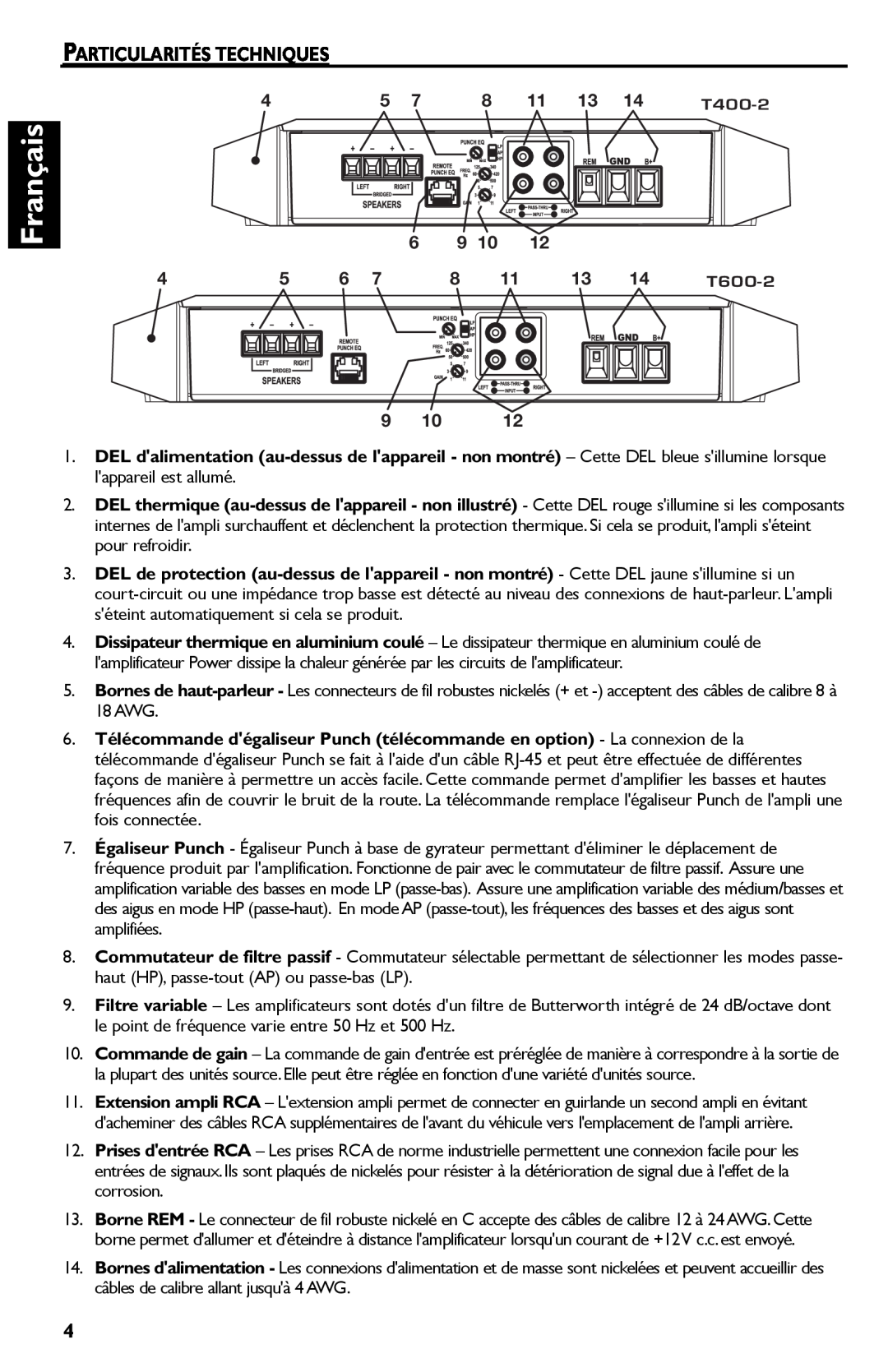 Rockford Fosgate T600-2 manual Français, Particularités Techniques, T400-2 