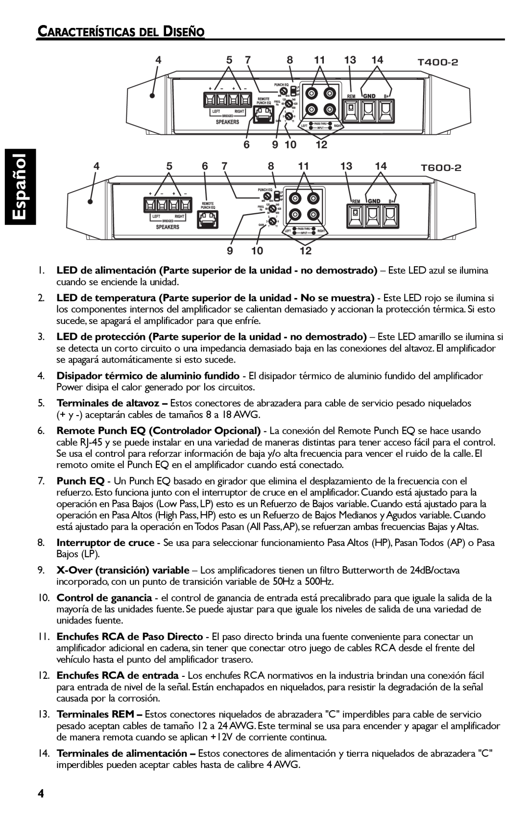 Rockford Fosgate T600-2, T400-2 manual Español, Características Del Diseño 